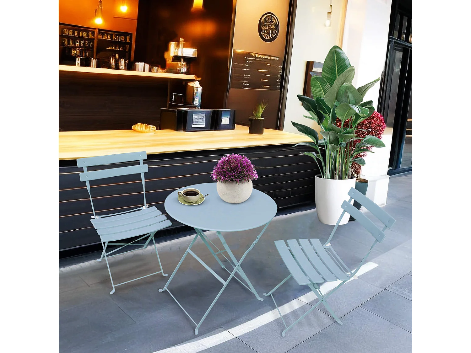 Ensemble de meubles ORION pour balcon : Table ronde & 2 chaises en bleu élégant