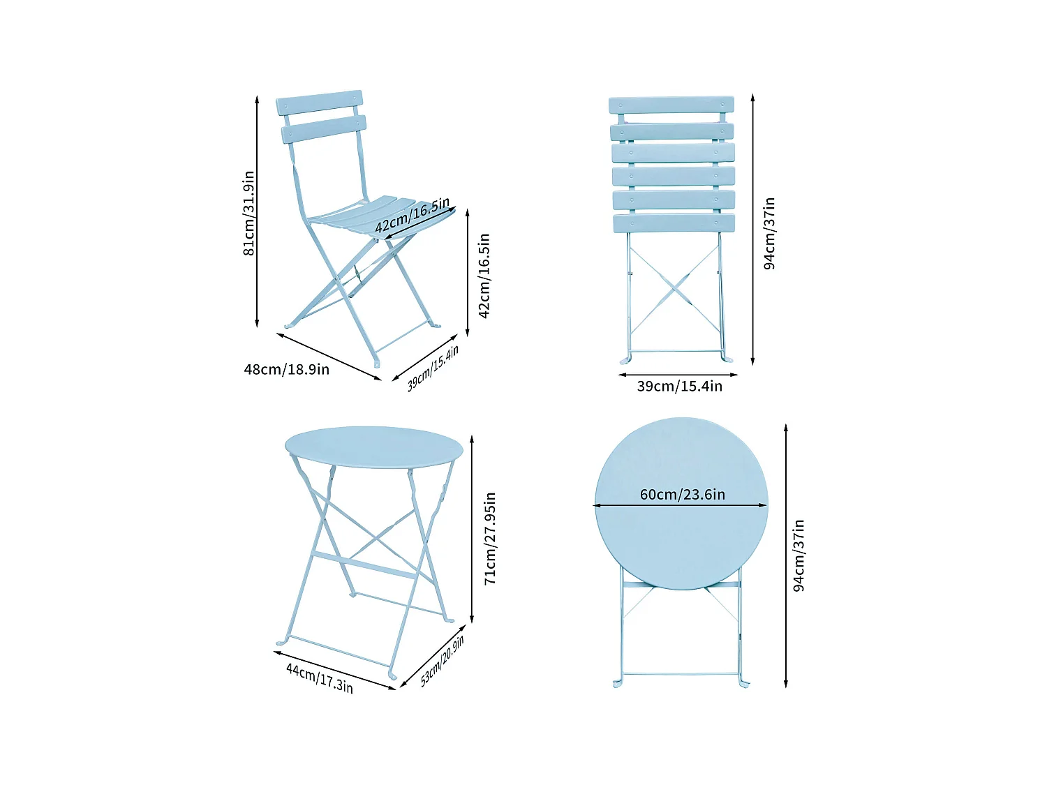 Ensemble de meubles ORION pour balcon : Table ronde & 2 chaises en bleu élégant