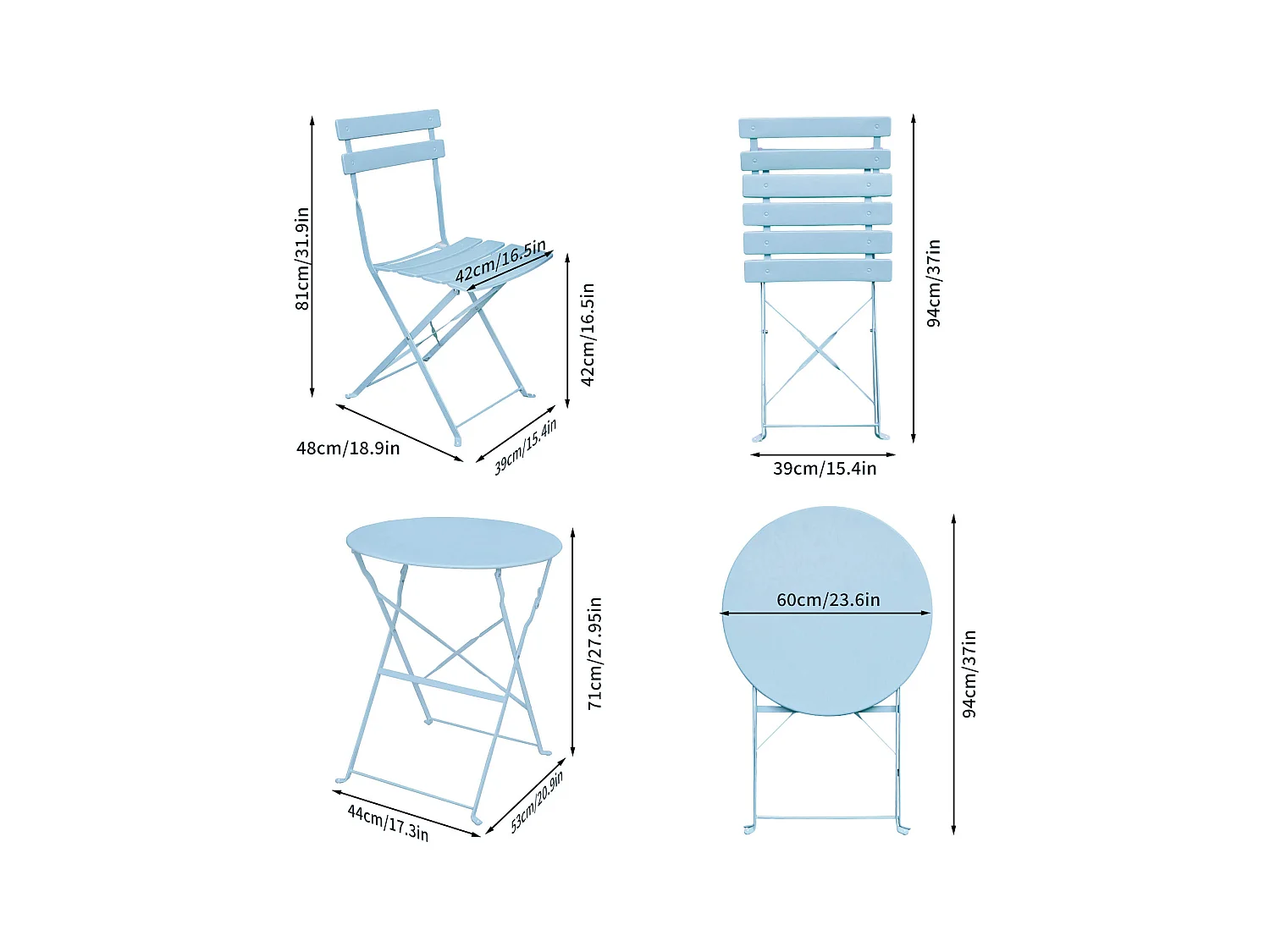 Ensemble de meubles ORION pour balcon : Table ronde & 2 chaises en bleu élégant