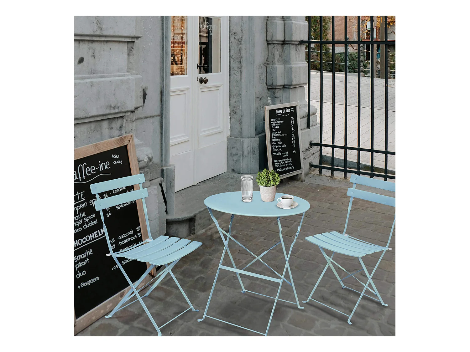 Ensemble de meubles ORION pour balcon : Table ronde & 2 chaises en bleu élégant