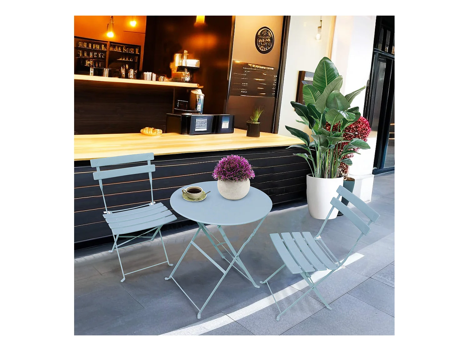 Ensemble de meubles ORION pour balcon : Table ronde & 2 chaises en bleu élégant