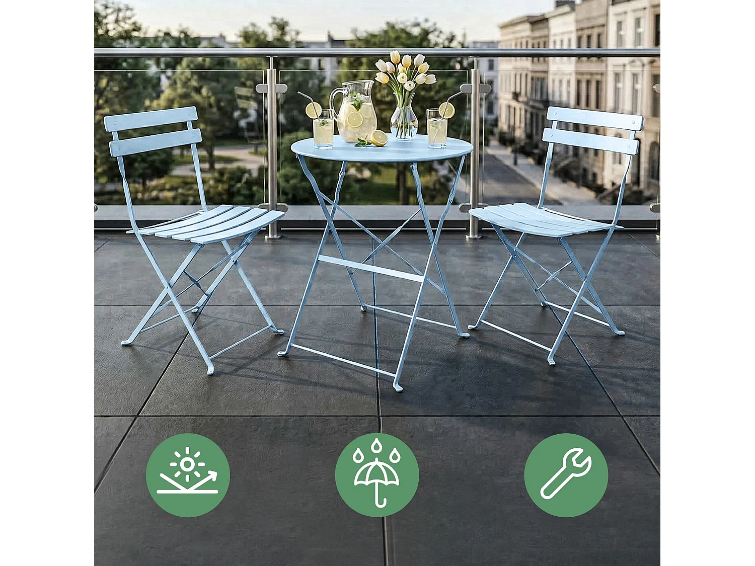 Ensemble de meubles ORION pour balcon : Table ronde & 2 chaises en bleu élégant
