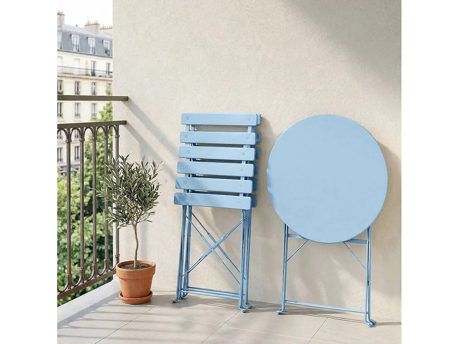 Ensemble de meubles ORION pour balcon : Table ronde & 2 chaises en bleu élégant