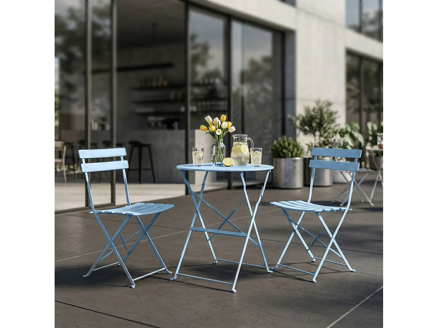 Ensemble de meubles ORION pour balcon : Table ronde & 2 chaises en bleu élégant