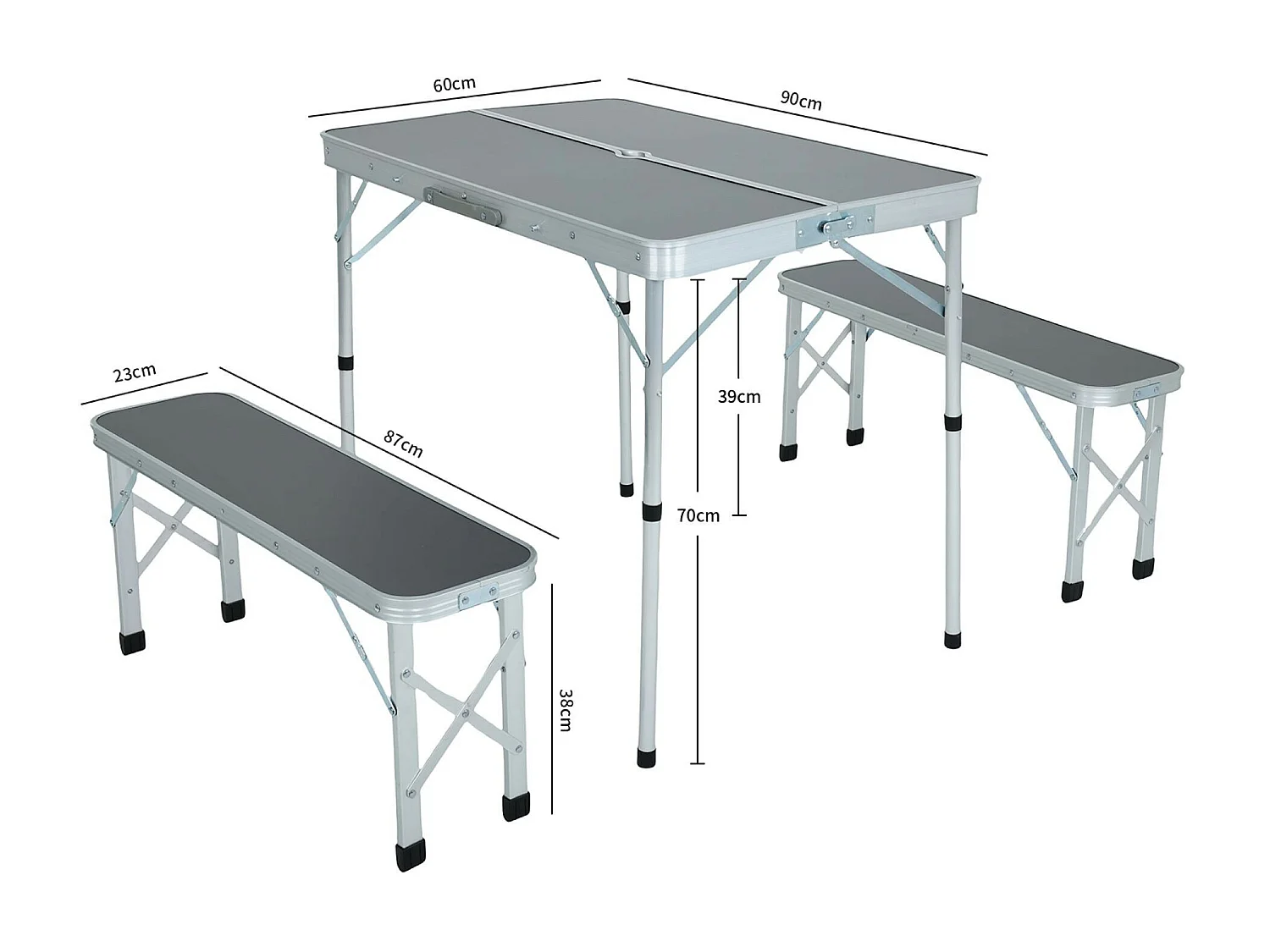 Reis Set ROI Tafel + 2 Banken Grijs - Lichtgewicht inklapbaar Aluminium/MDF Combo voor Camping en Tuin - Max. Tafelbelasting 40 kg, Bankbelasting 110 kg