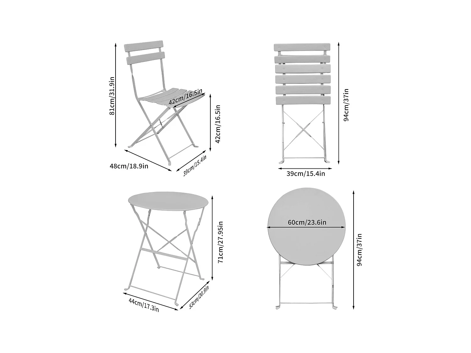 Ensemble de meubles ORION pour balcon : Table ronde & 2 chaises en gris chic