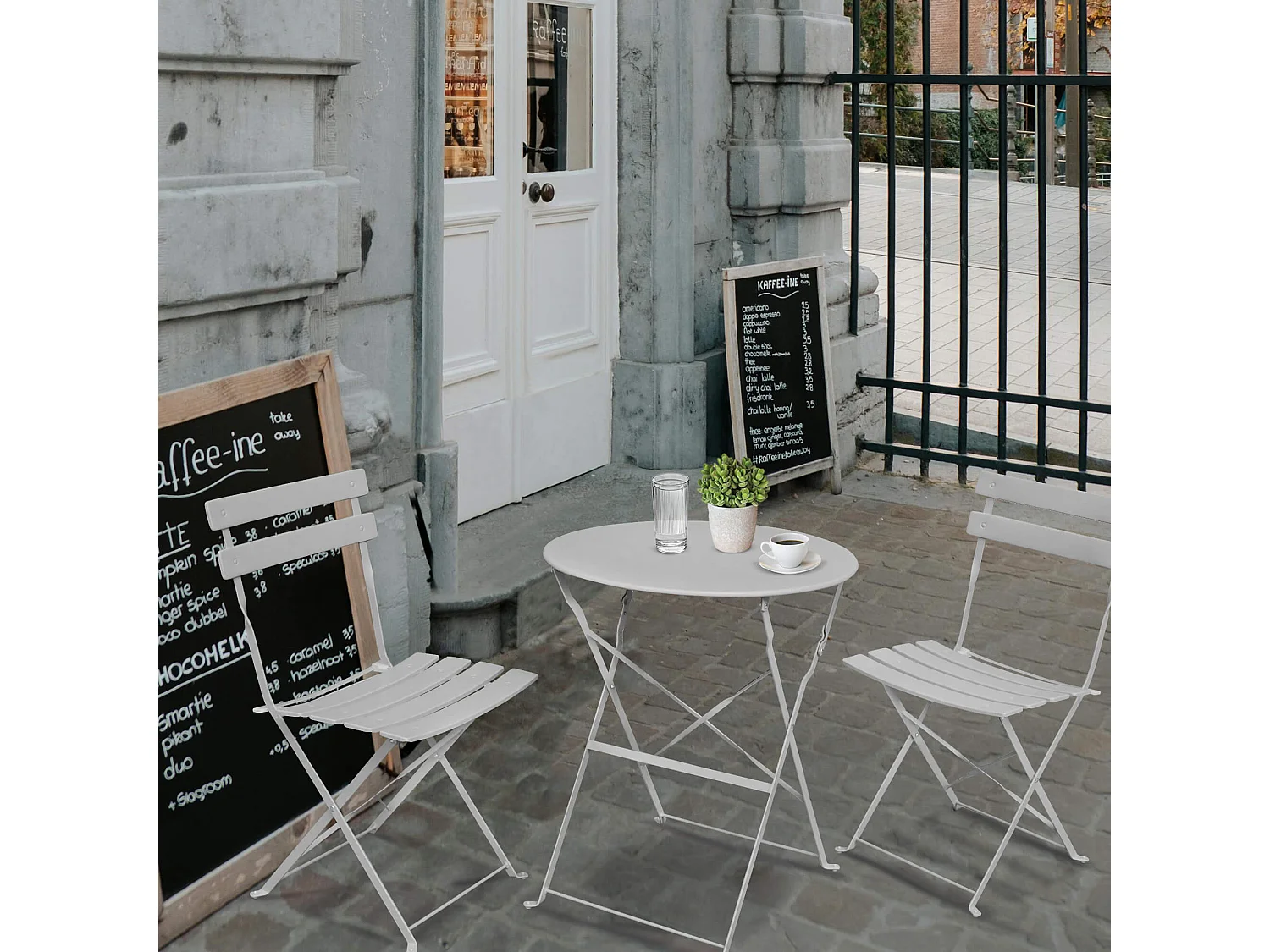 3-delige Balkonmeubelen ORION / Tuinmeubelset / Grijs / Balkonset Bistrotafel en 2 Stoelen Inklapbare van Metaal / Tuinmeubelset / Ronde Tafelblad Ø 60 cm