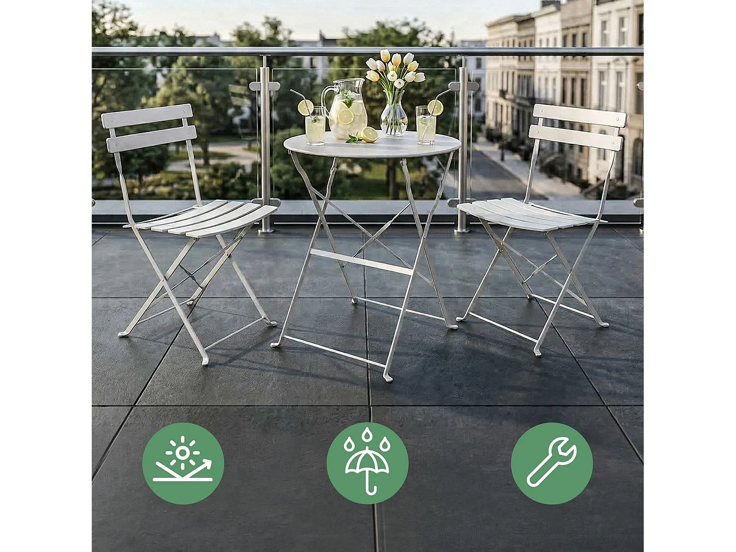Ensemble de meubles ORION pour balcon : Table ronde & 2 chaises en gris chic