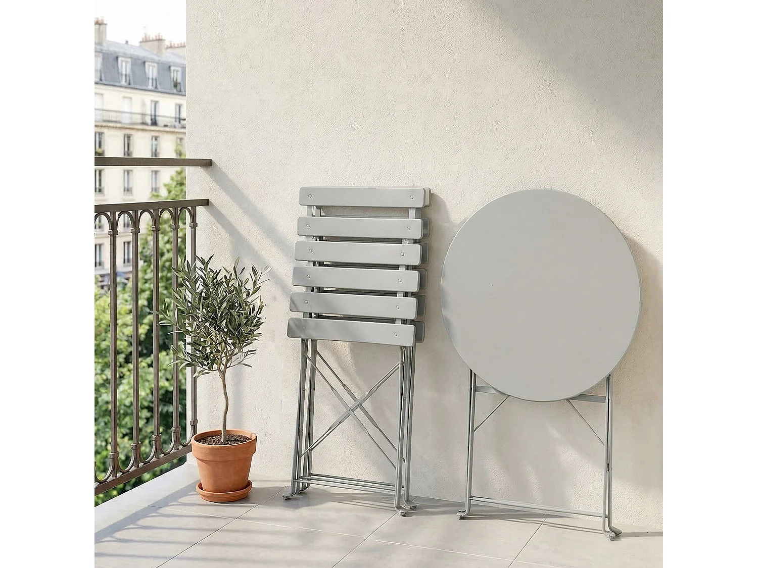 Ensemble de meubles ORION pour balcon : Table ronde & 2 chaises en gris chic
