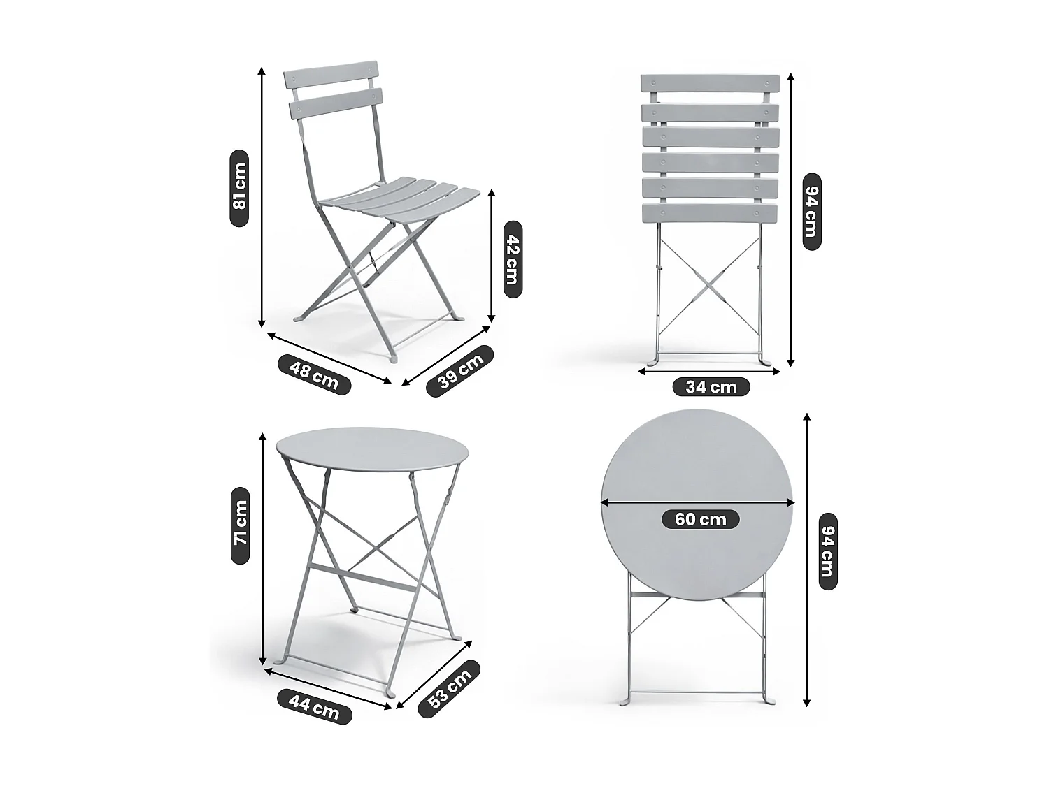 Ensemble de meubles ORION pour balcon : Table ronde & 2 chaises en gris chic