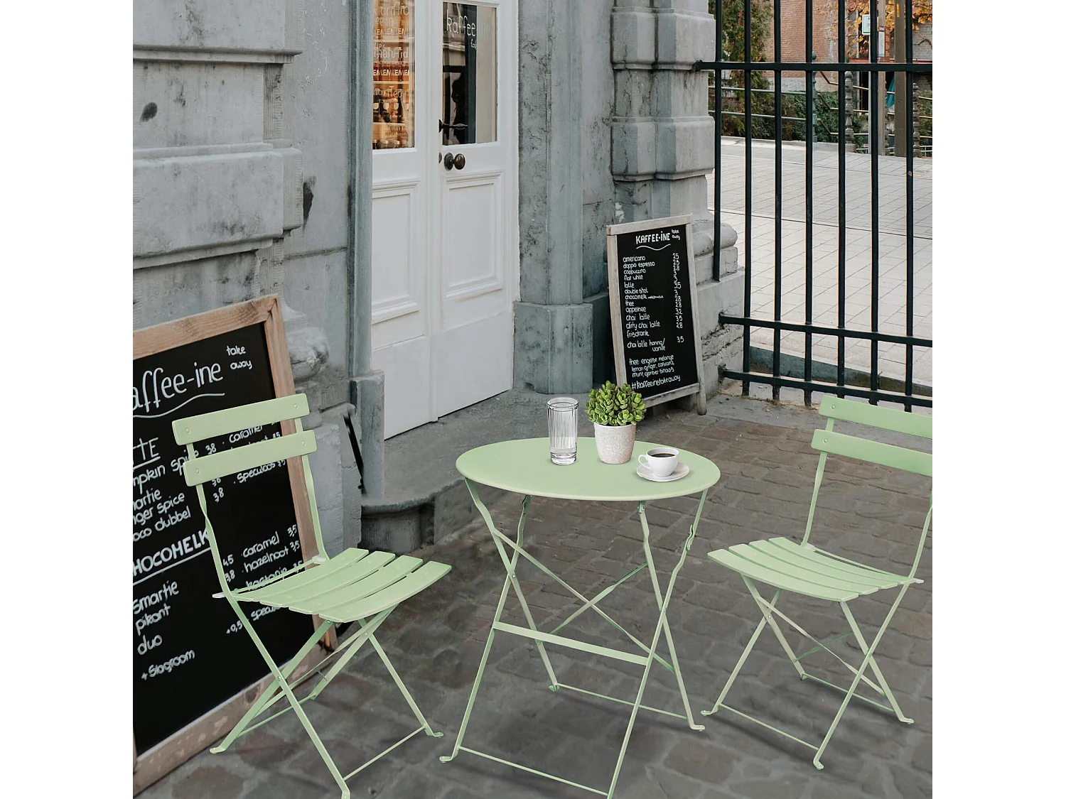 Ensemble de meubles ORION pour balcon : Table ronde & 2 chaises en vert frais