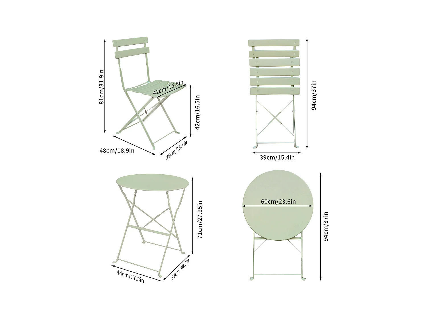 Ensemble de meubles ORION pour balcon : Table ronde & 2 chaises en vert frais