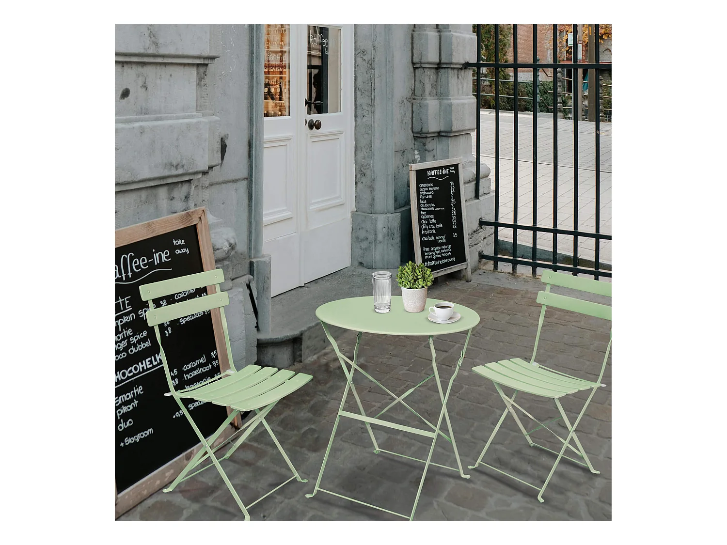 Ensemble de meubles ORION pour balcon : Table ronde & 2 chaises en vert frais