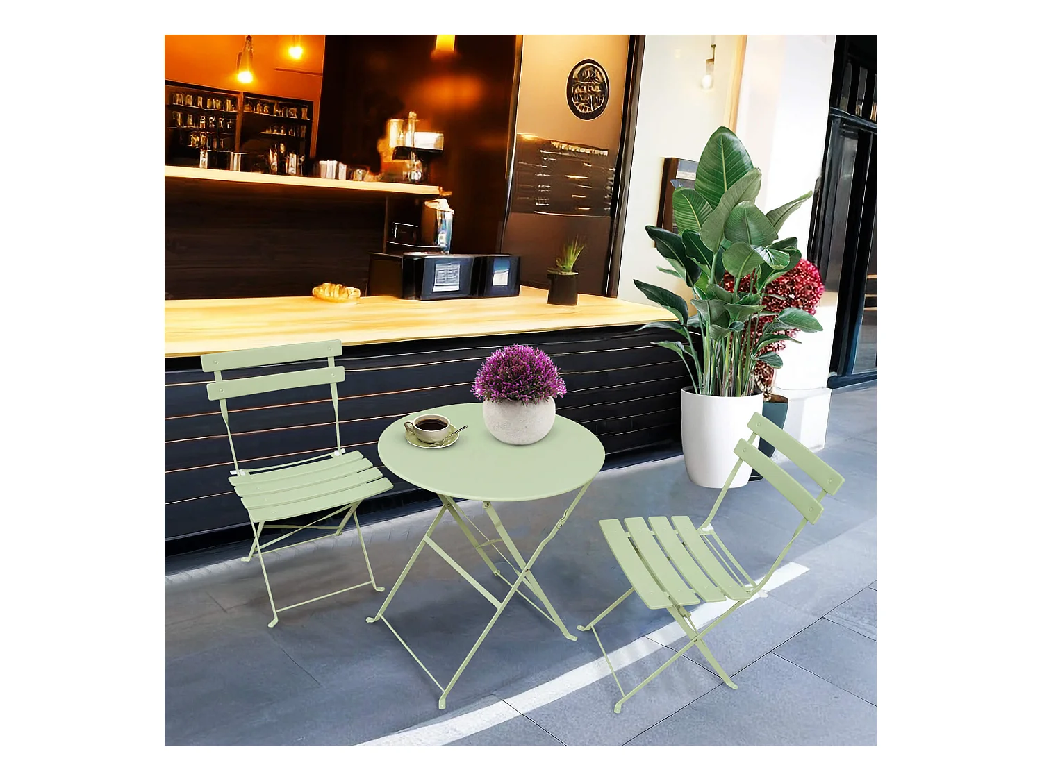 Ensemble de meubles ORION pour balcon : Table ronde & 2 chaises en vert frais