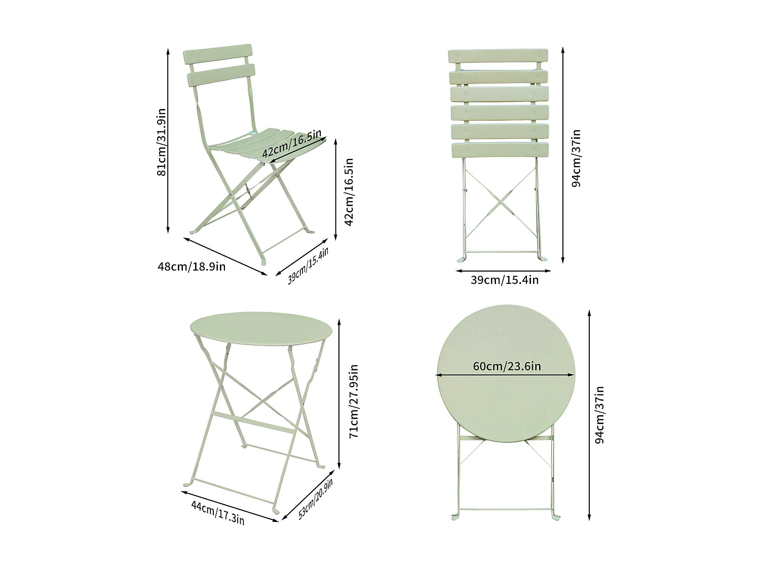 3-delige Balkonmeubelen ORION / Tuinmeubelset / Groene / Balkonset Bistrotafel en 2 Stoelen Inklapbare van Metaal / Tuinmeubelset / Ronde Tafelblad Ø 60 cm