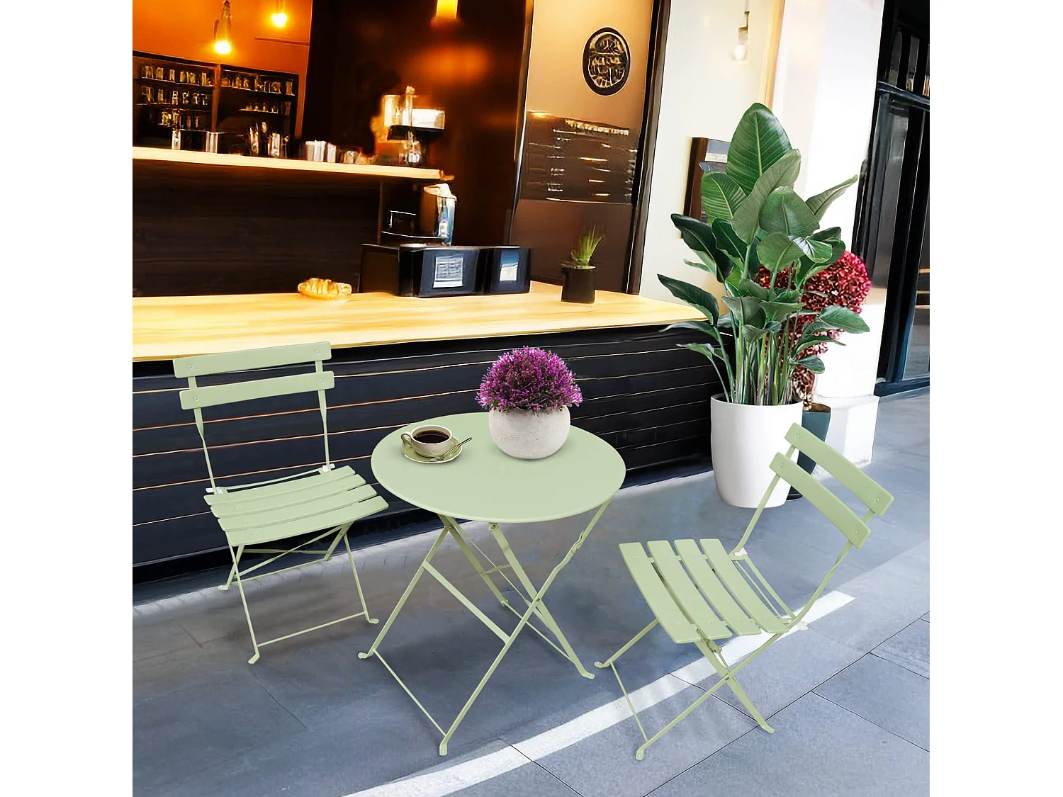 3-delige Balkonmeubelen ORION / Tuinmeubelset / Groene / Balkonset Bistrotafel en 2 Stoelen Inklapbare van Metaal / Tuinmeubelset / Ronde Tafelblad Ø 60 cm