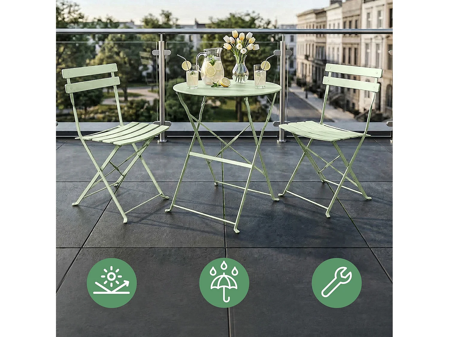 Ensemble de meubles ORION pour balcon : Table ronde & 2 chaises en vert frais
