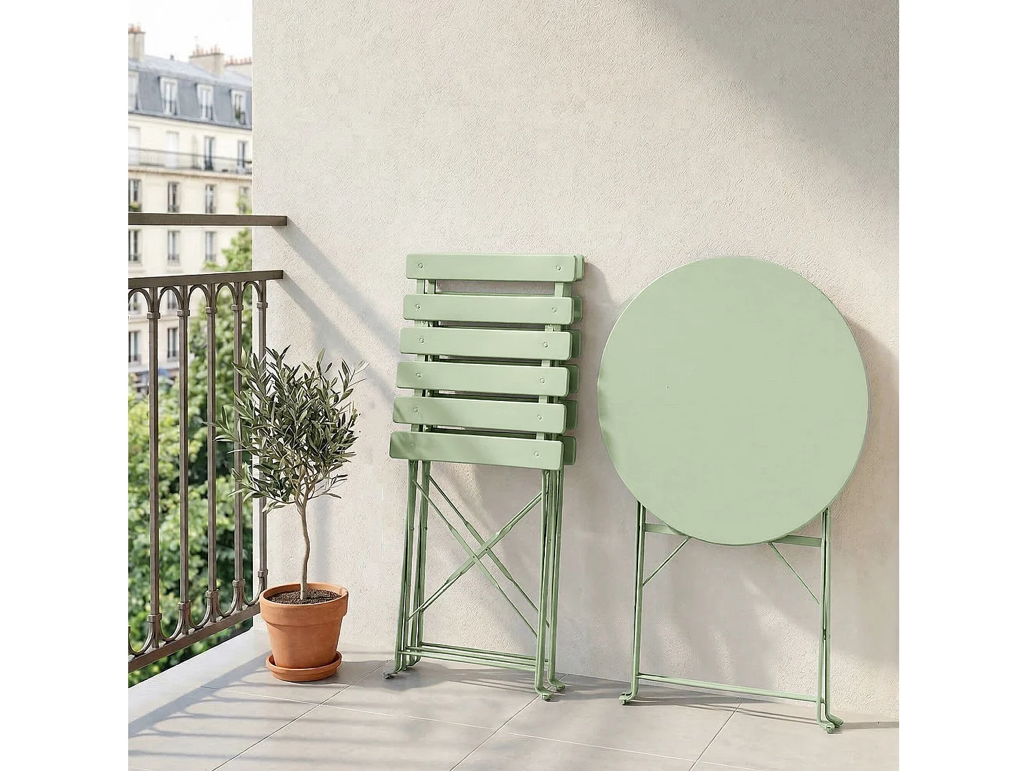 Ensemble de meubles ORION pour balcon : Table ronde & 2 chaises en vert frais