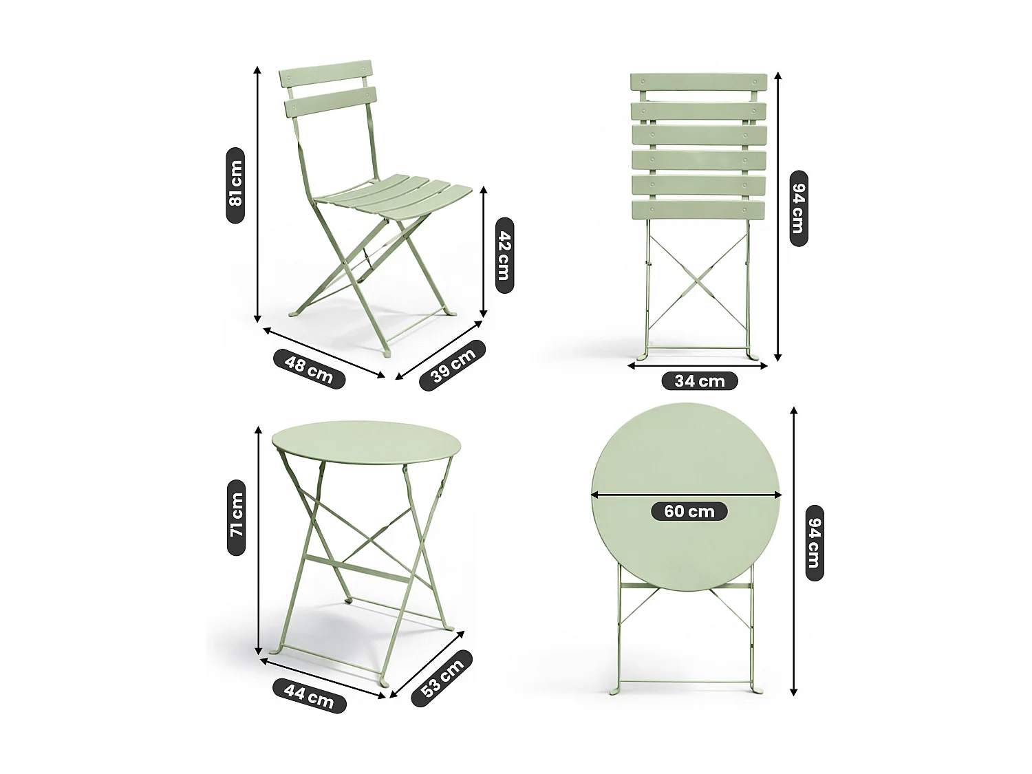 Ensemble de meubles ORION pour balcon : Table ronde & 2 chaises en vert frais
