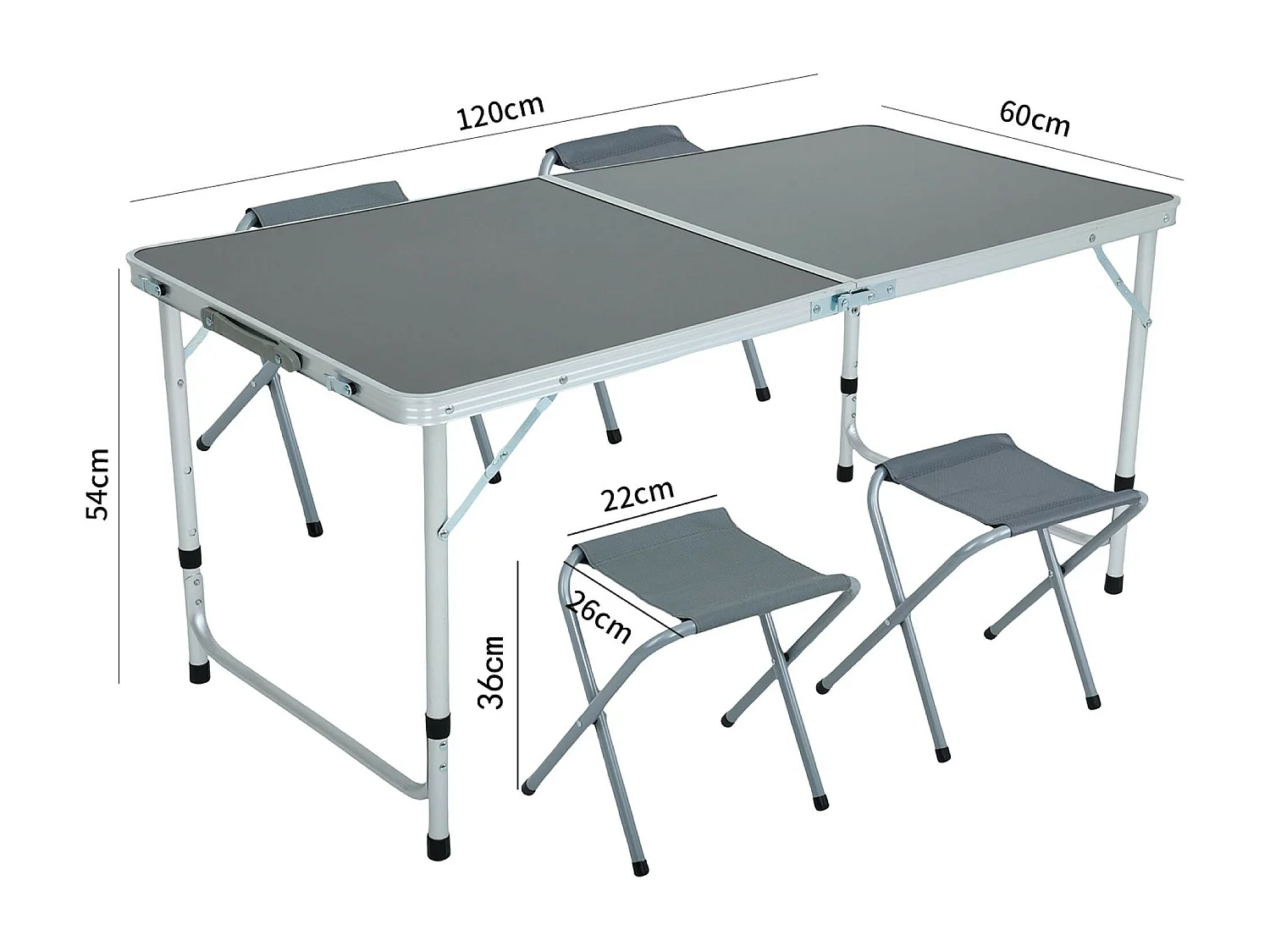Ciemnoszary stół kempingowy AGIS z 4 szarymi składanymi krzesłami wymiary 120x60x70 cm