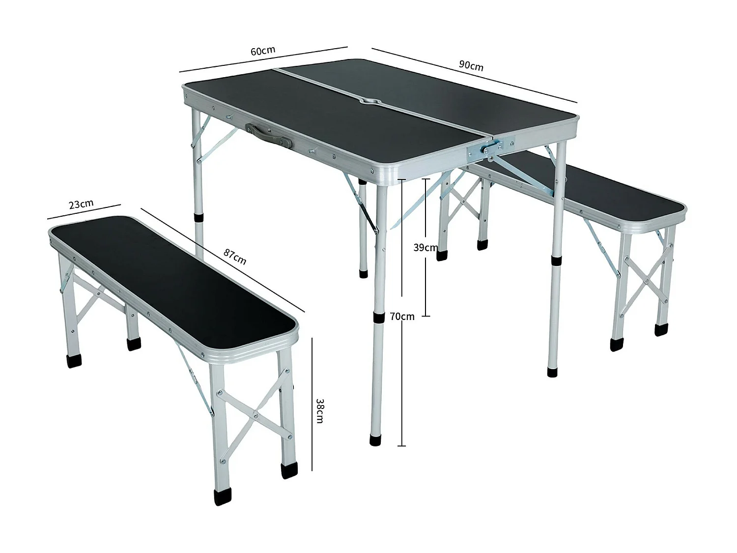 Reisset ROI Tafel + 2 Banken Zwart Aluminium/MDF Opvouwbaar