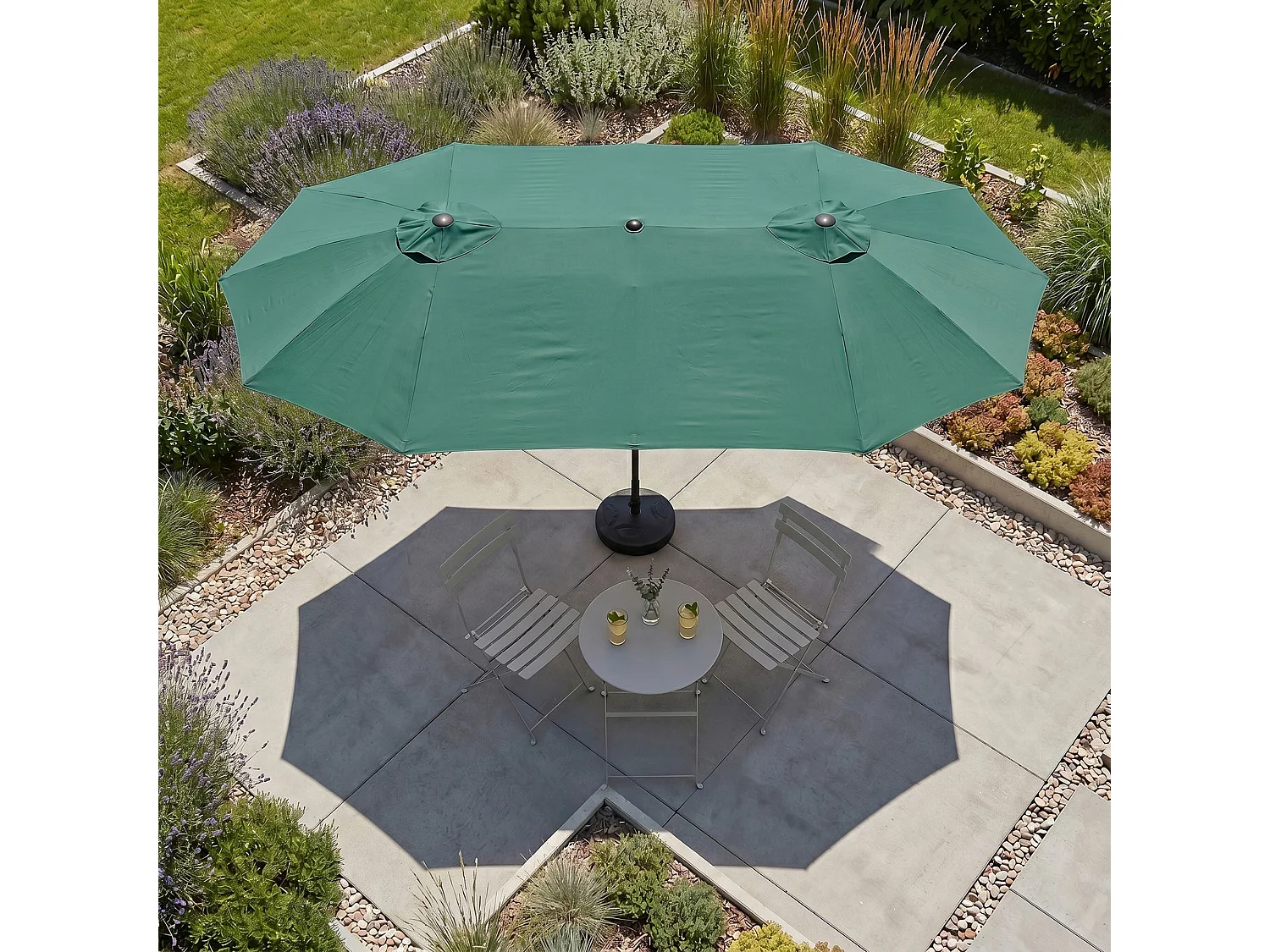 Parasol double de jardin TILIA en vert foncé, Poids 12,3 kg Dimensions L460 x l270 x H245 cm