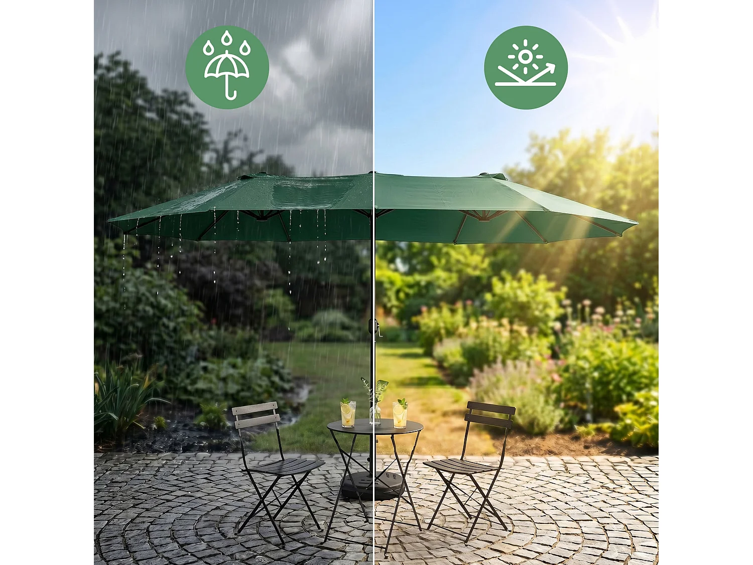 Parasol double de jardin TILIA en vert foncé, Poids 12,3 kg Dimensions L460 x l270 x H245 cm