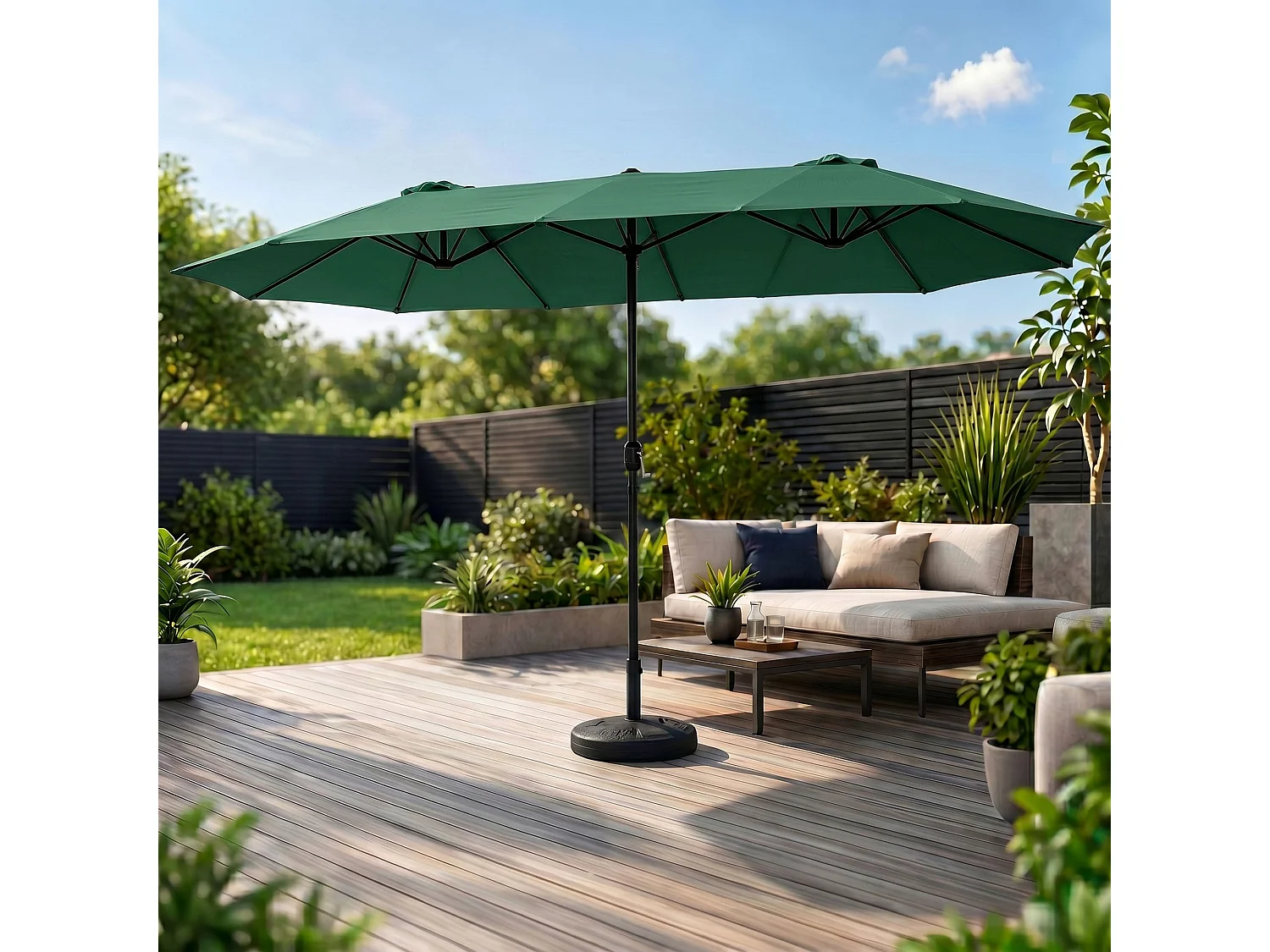 Parasol double de jardin TILIA en vert foncé, Poids 12,3 kg Dimensions L460 x l270 x H245 cm