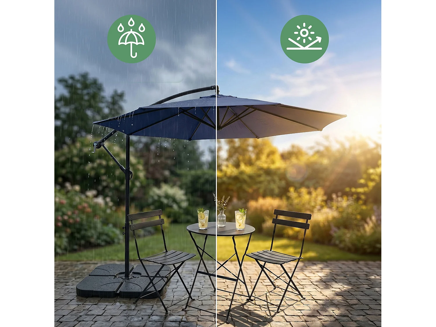 Tuinparasol ASTER / Zweefparasol Met Voet / Verstelbare Hoogte / UV-bescherming, Waterdicht / Donkerblauw / 300 x 300 x 45 cm