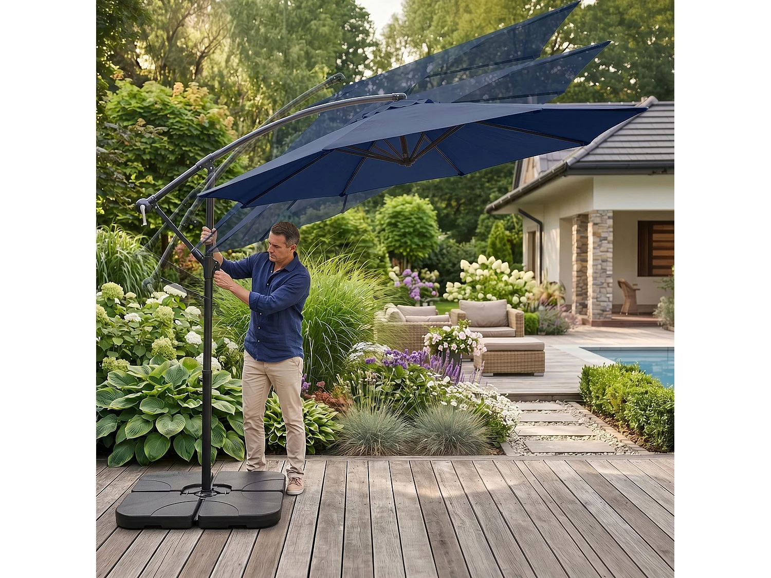 Tuinparasol ASTER / Zweefparasol Met Voet / Verstelbare Hoogte / UV-bescherming, Waterdicht / Donkerblauw / 300 x 300 x 45 cm