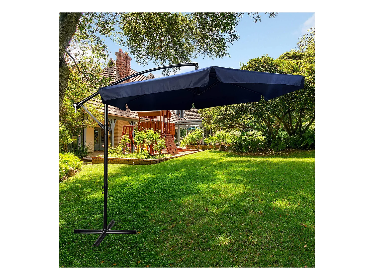 Wodoodporny parasol ogrodowy i tarasowy CYNIA w kolorze granatowym waga 11,7 kg wymiary 300x300x245 cm