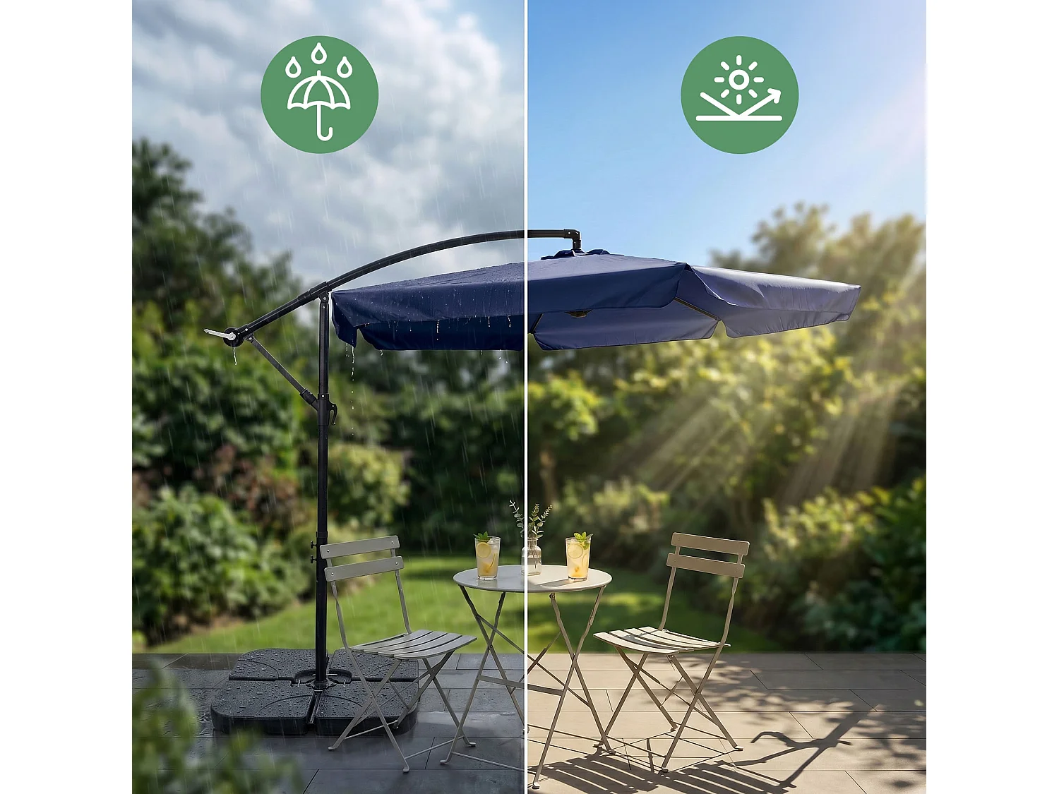 Tuinparasol CYNIA / Zweefparasol Met Voet / Verstelbare Hoogte / UV-bescherming, Waterdicht / Donkerblauw / 300 x 300 x 245 cm
