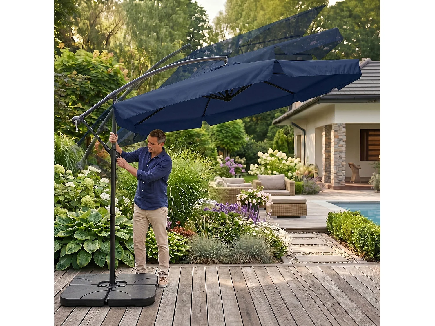 Tuinparasol CYNIA / Zweefparasol Met Voet / Verstelbare Hoogte / UV-bescherming, Waterdicht / Donkerblauw / 300 x 300 x 245 cm