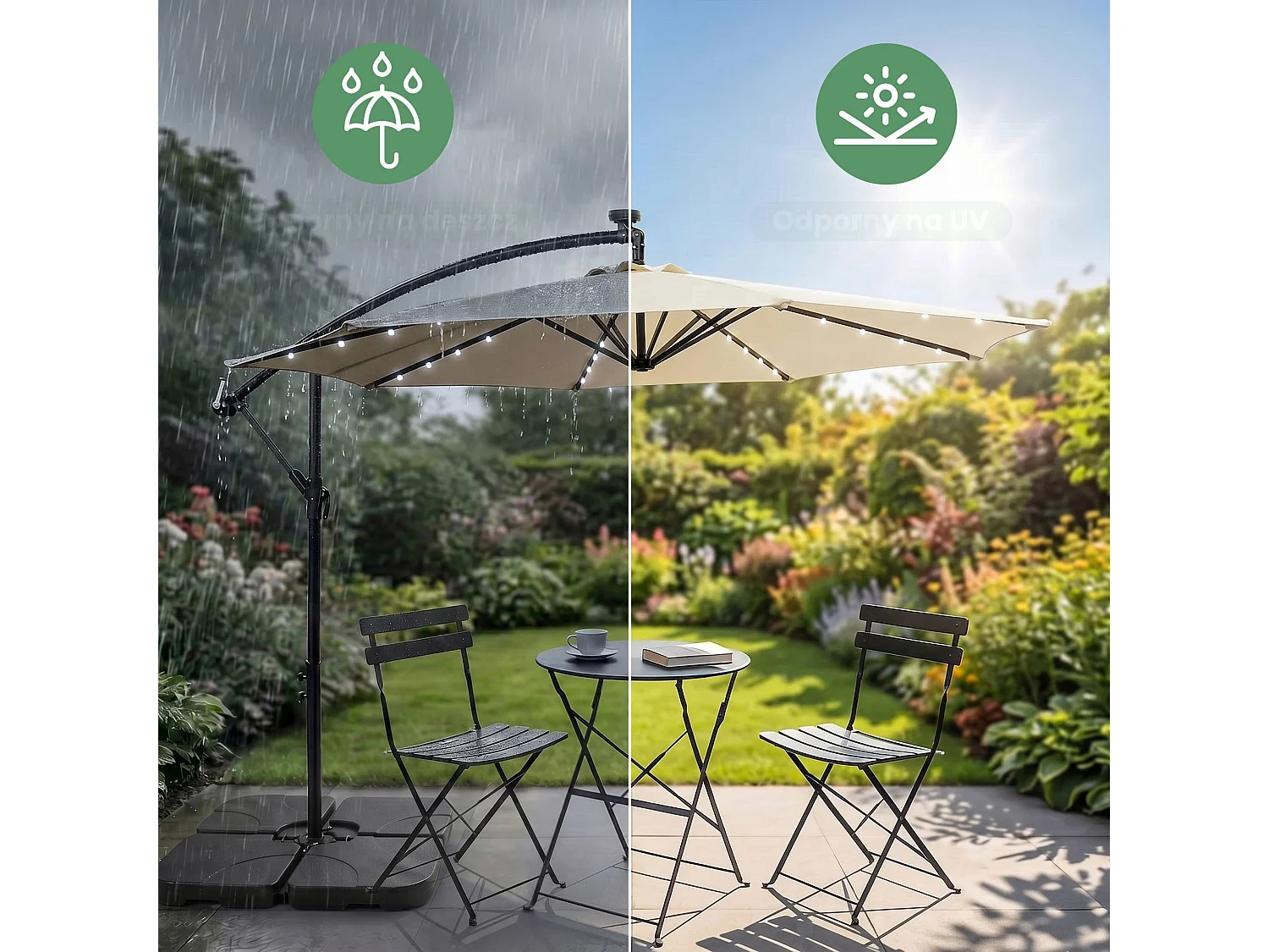 Tuinparasol MILIN met LED-verlichting / Zweefparasol Met Voet / Verstelbare Hoogte / UV-bescherming, Waterdicht / Beige / 300 x 300 x 245 cm
