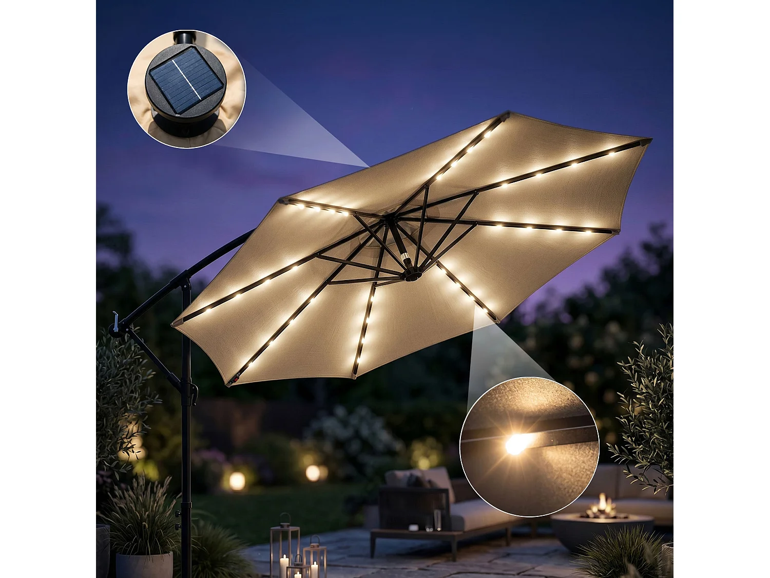 Tuinparasol MILIN met LED-verlichting / Zweefparasol Met Voet / Verstelbare Hoogte / UV-bescherming, Waterdicht / Beige / 300 x 300 x 245 cm