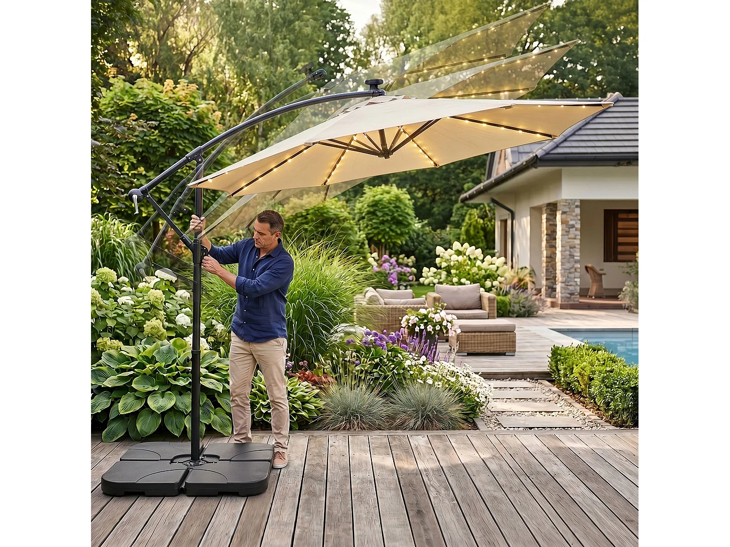 Tuinparasol MILIN met LED-verlichting / Zweefparasol Met Voet / Verstelbare Hoogte / UV-bescherming, Waterdicht / Beige / 300 x 300 x 245 cm