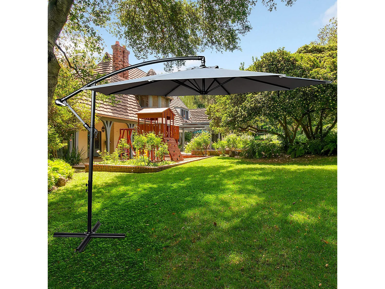 Tuinparasol ASTER / Zweefparasol Met Voet / Verstelbare Hoogte / UV-bescherming, Waterdicht / Lichtgrijs / 300 x 300 x 45 cm