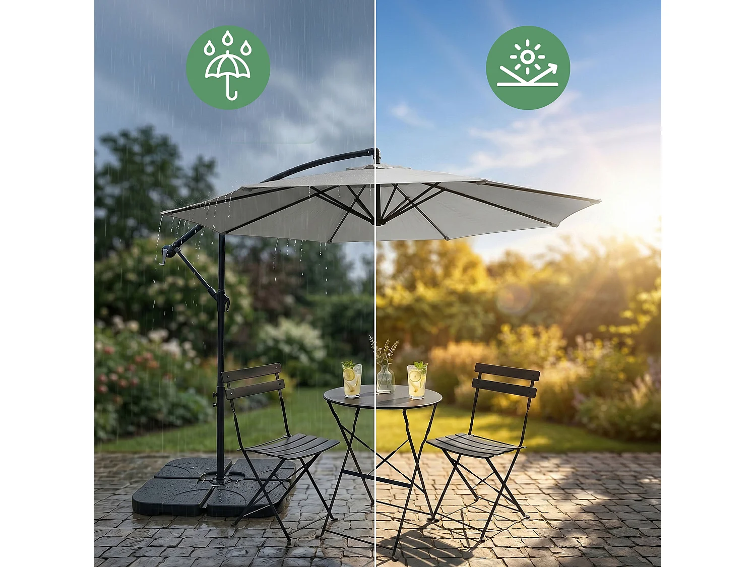 Tuinparasol ASTER / Zweefparasol Met Voet / Verstelbare Hoogte / UV-bescherming, Waterdicht / Lichtgrijs / 300 x 300 x 45 cm