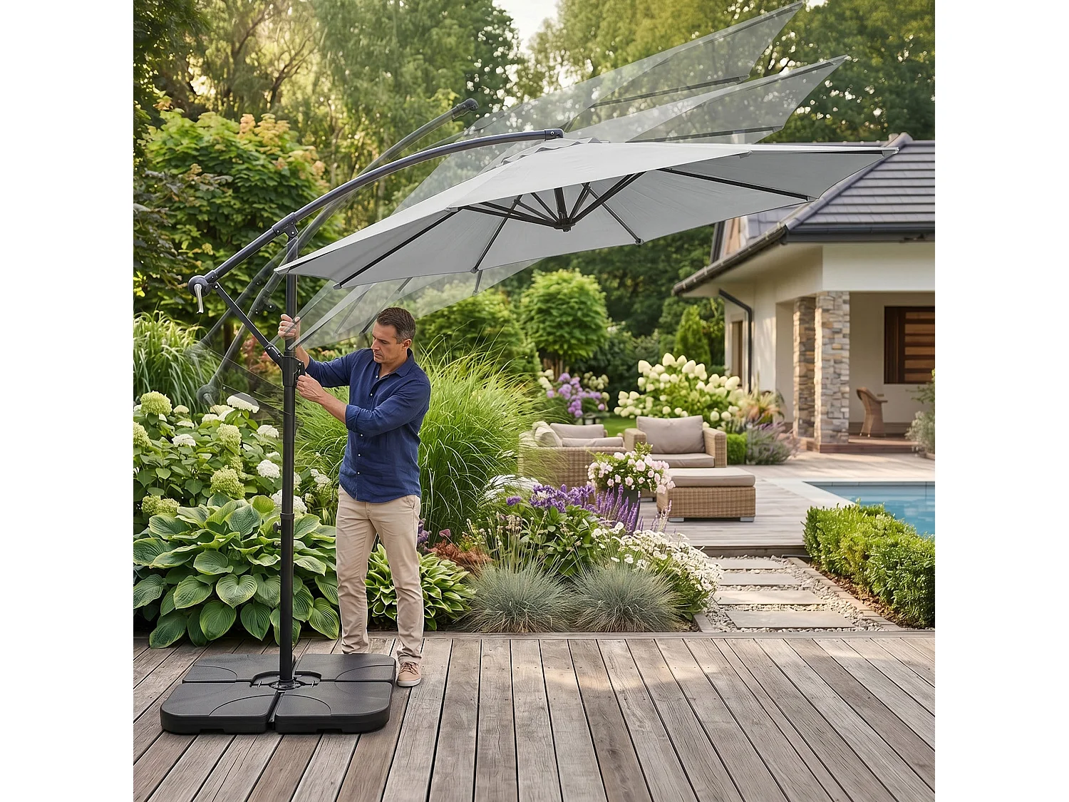 Tuinparasol ASTER / Zweefparasol Met Voet / Verstelbare Hoogte / UV-bescherming, Waterdicht / Lichtgrijs / 300 x 300 x 45 cm