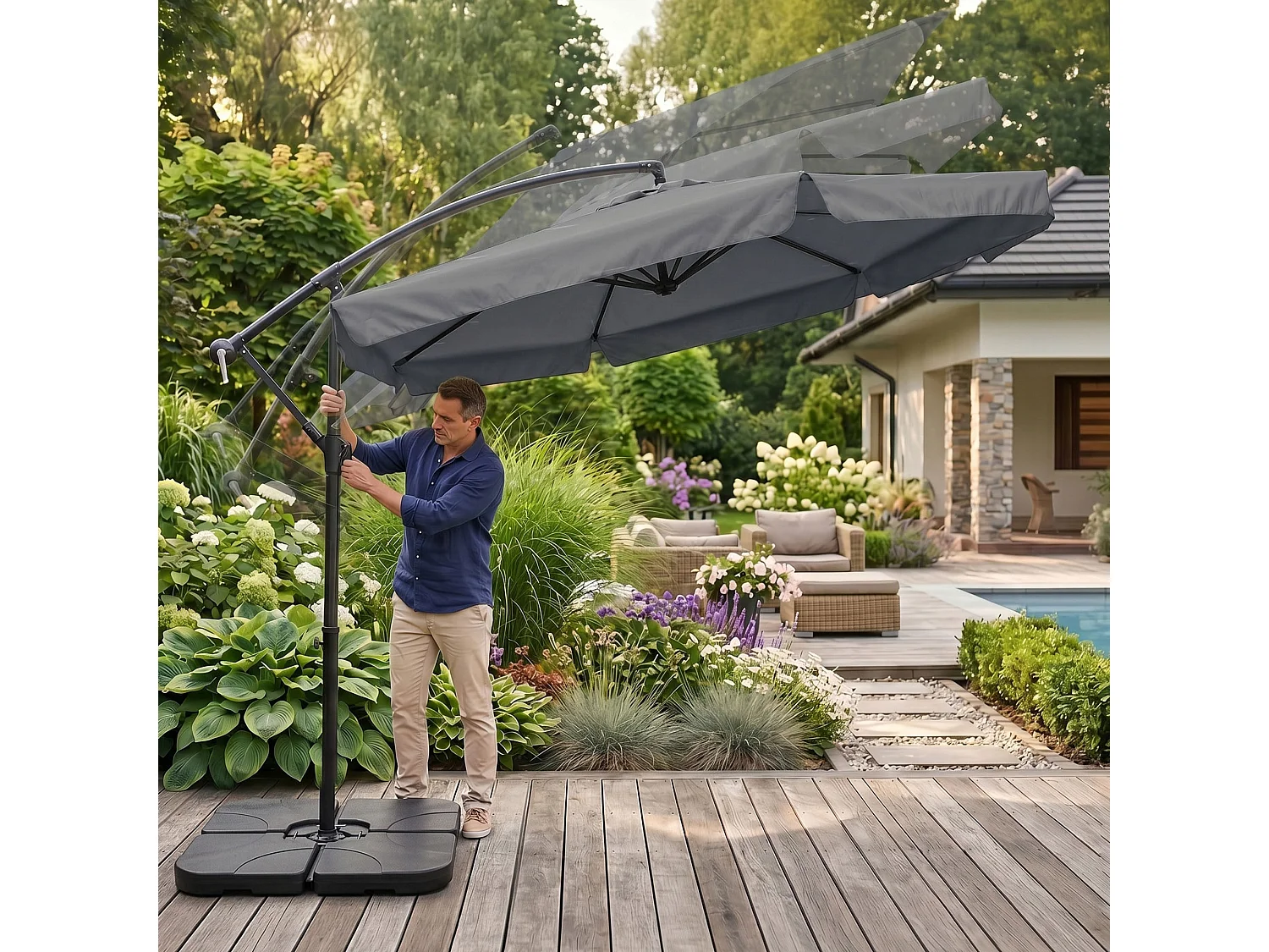 Parasol de jardin et de terrasse CYNIA imperméable en gris foncé, Poids 11,7 kg Dimensions L300 x l300 x H245 cm