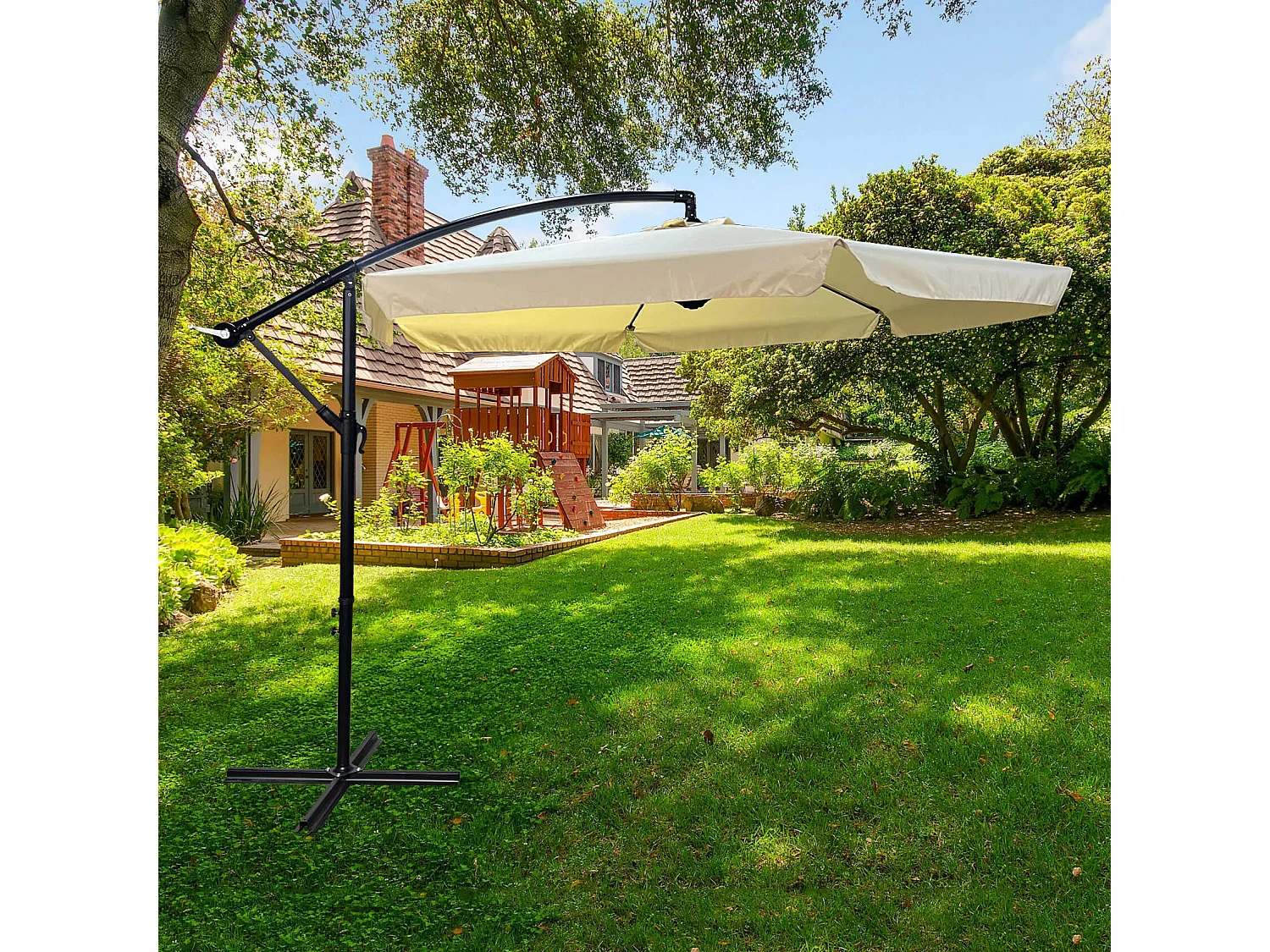 Tuinparasol CYNIA / Zweefparasol Met Voet / Verstelbare Hoogte / UV-bescherming, Waterdicht / Beige / 300 x 300 x 245 cm