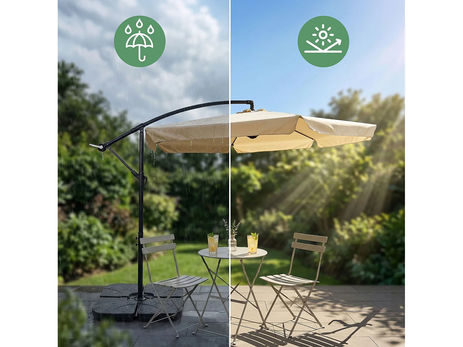 Tuinparasol CYNIA / Zweefparasol Met Voet / Verstelbare Hoogte / UV-bescherming, Waterdicht / Beige / 300 x 300 x 245 cm