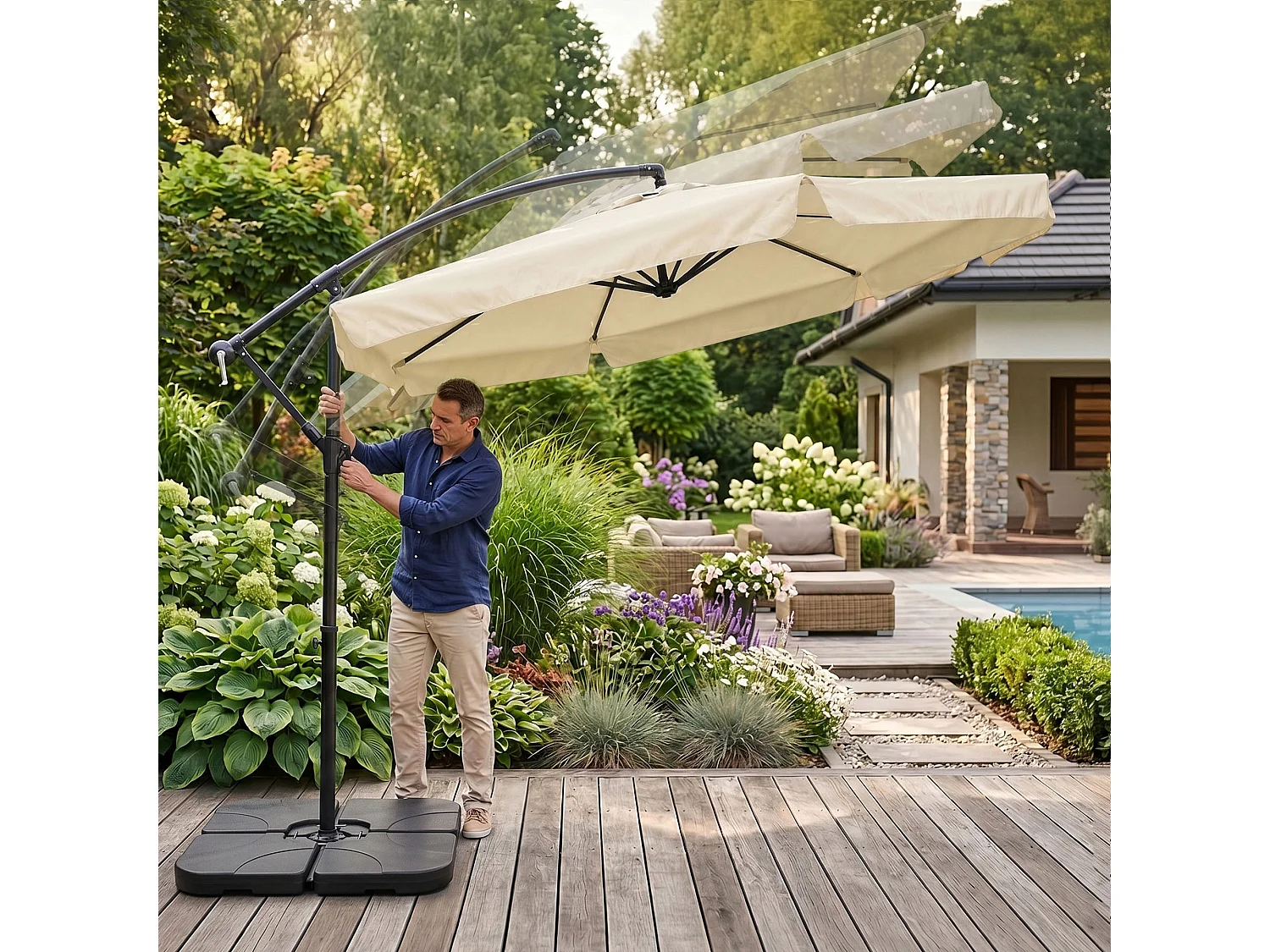 Tuinparasol CYNIA / Zweefparasol Met Voet / Verstelbare Hoogte / UV-bescherming, Waterdicht / Beige / 300 x 300 x 245 cm