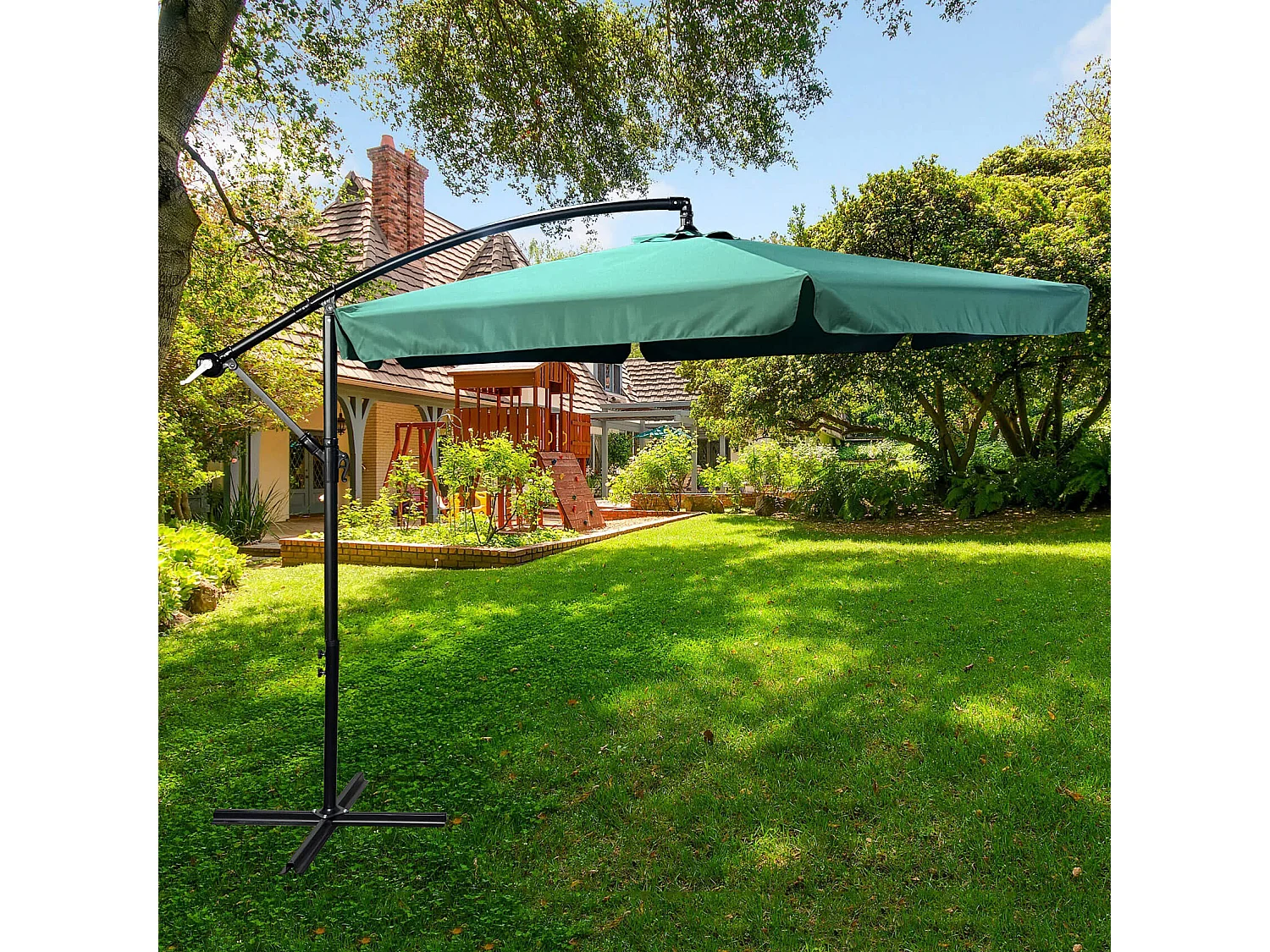 Wodoodporny parasol ogrodowy i tarasowy CYNIA w kolorze ciemnozielonym waga 11,7 kg wymiary 300x300x245 cm