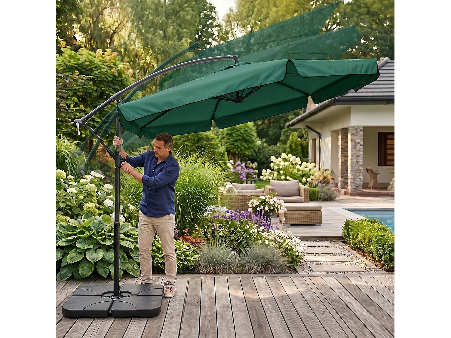 Tuinparasol CYNIA / Zweefparasol Met Voet / Verstelbare Hoogte / UV-bescherming, Waterdicht / Donkergroen / 300 x 300 x 245 cm