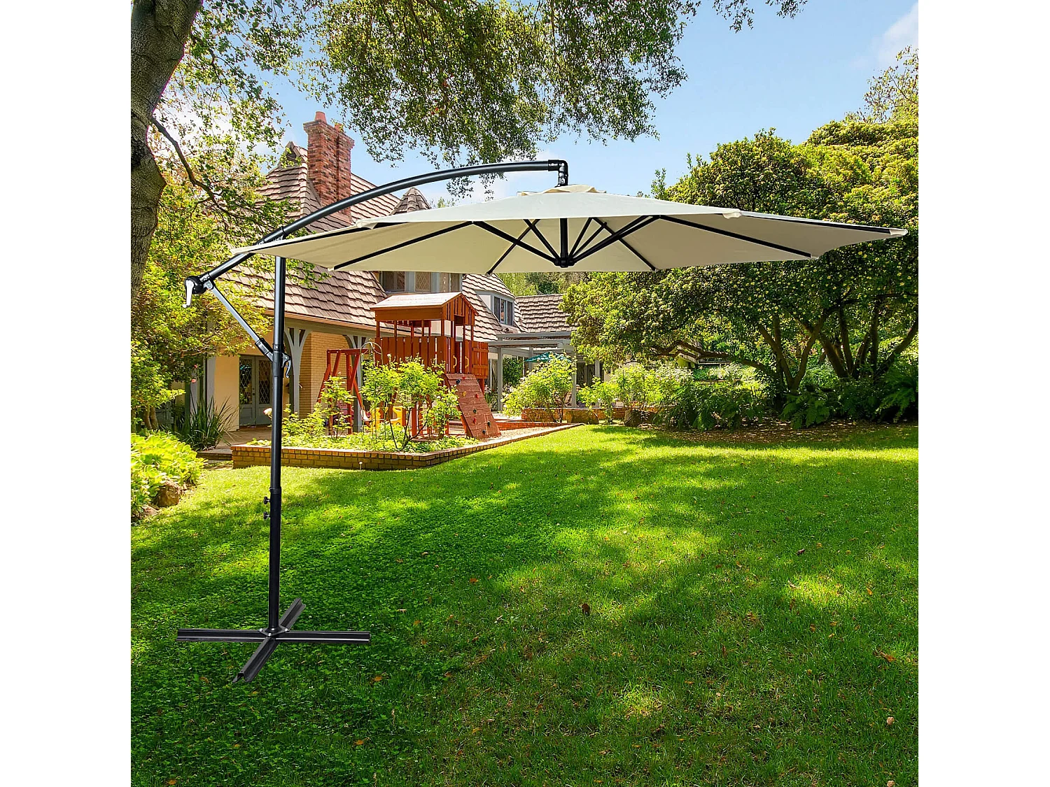 Tuinparasol ASTER / Zweefparasol Met Voet / Verstelbare Hoogte / UV-bescherming, Waterdicht / Beige / 300 x 300 x 45 cm