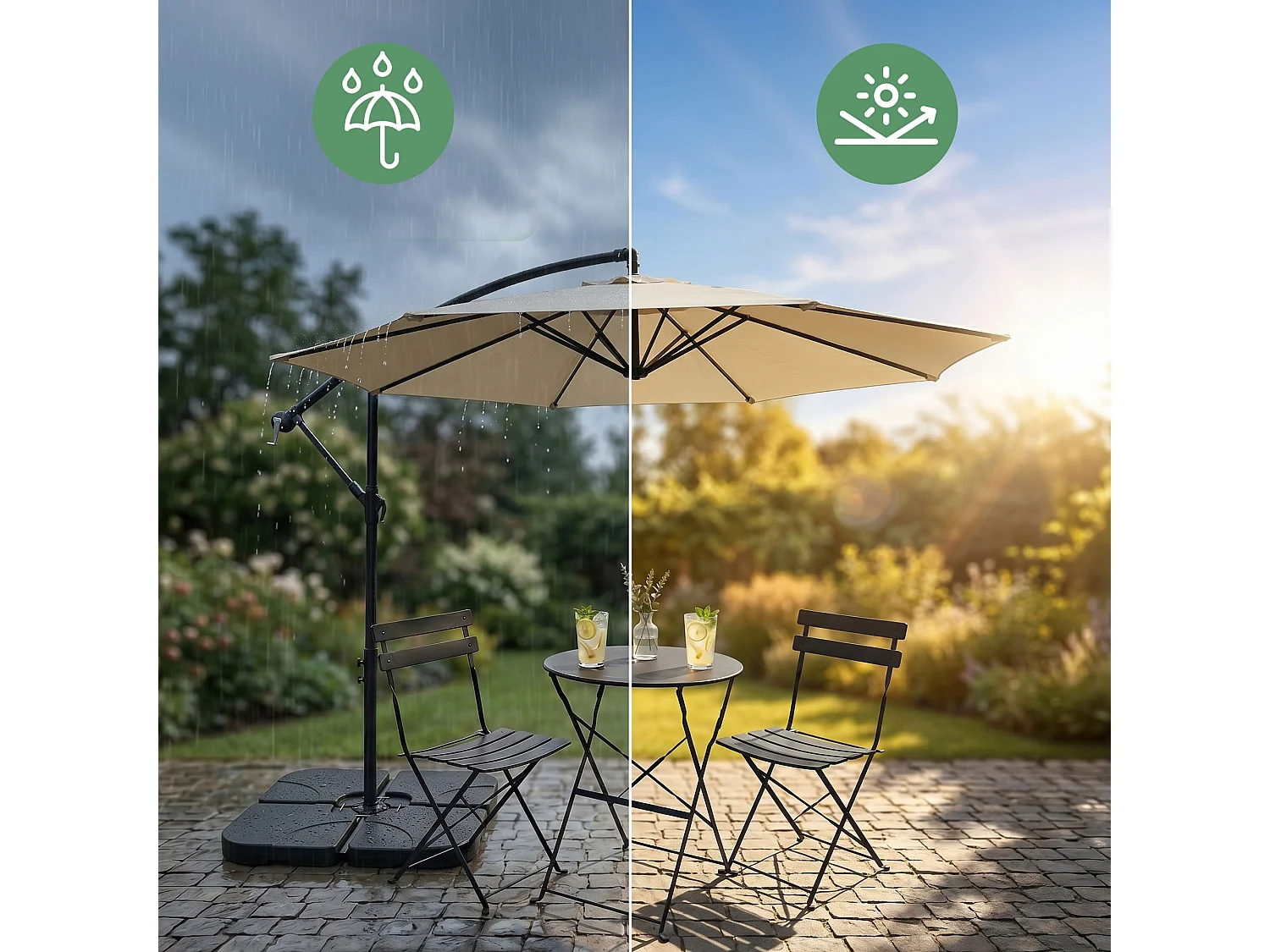Tuinparasol ASTER / Zweefparasol Met Voet / Verstelbare Hoogte / UV-bescherming, Waterdicht / Beige / 300 x 300 x 45 cm