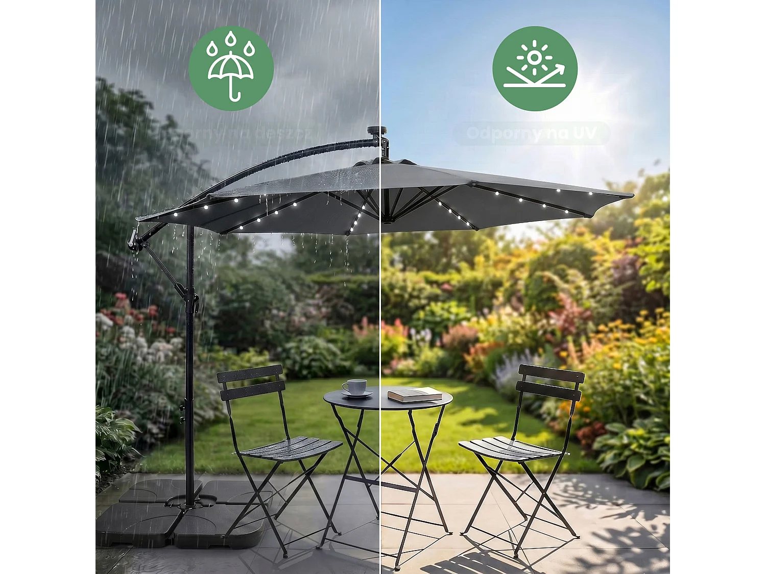 Tuinparasol MILIN met LED-verlichting / Zweefparasol Met Voet / Verstelbare Hoogte / UV-bescherming, Waterdicht / Donkergrijs / 300 x 300 x 245 cm