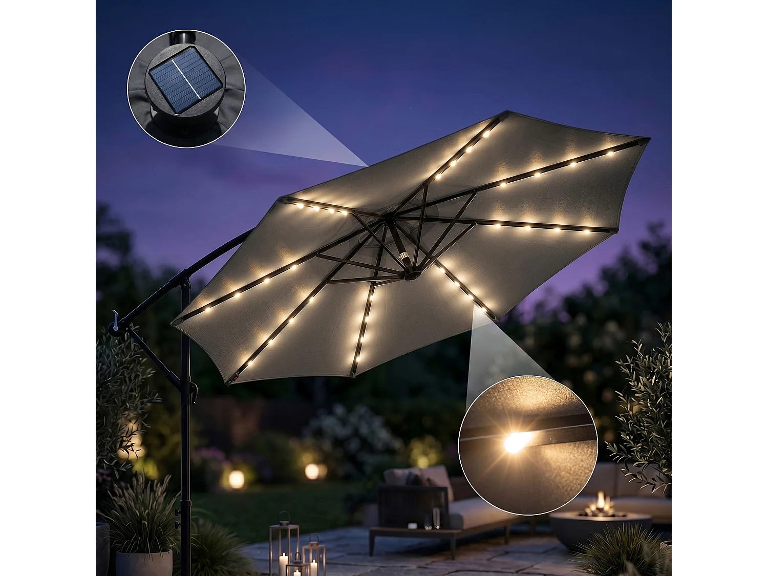 Tuinparasol MILIN met LED-verlichting / Zweefparasol Met Voet / Verstelbare Hoogte / UV-bescherming, Waterdicht / Donkergrijs / 300 x 300 x 245 cm