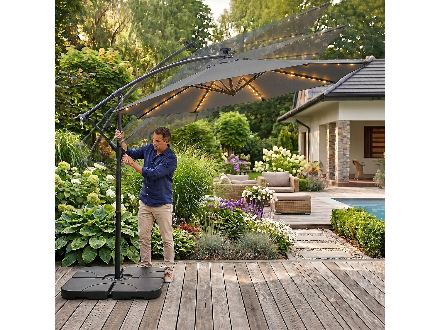 Tuinparasol MILIN met LED-verlichting / Zweefparasol Met Voet / Verstelbare Hoogte / UV-bescherming, Waterdicht / Donkergrijs / 300 x 300 x 245 cm